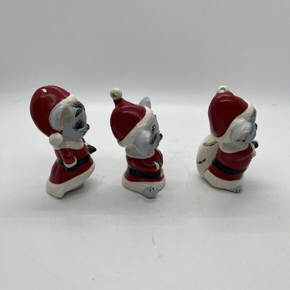 Vintage Hand Painted Ceramic Three Santa Mice Figurine Ornaments 3” Christmas - Picture 4 of 10